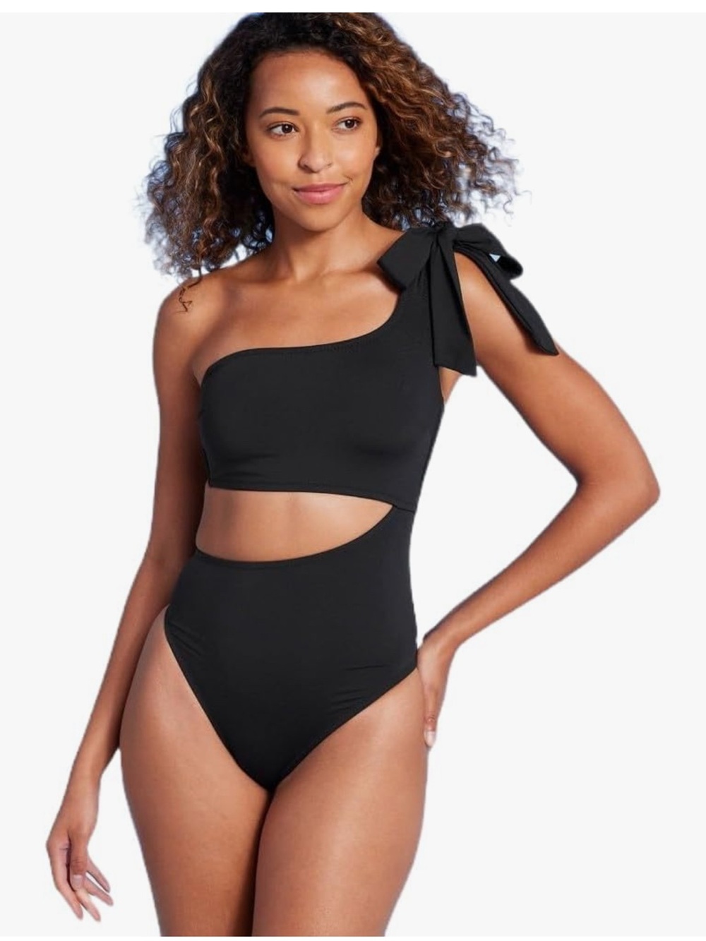 Shade & Shore Women's Shoulder Bow Cut Out One Piece Swimsuit. Size Large. Black